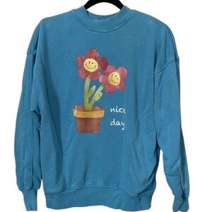 PROD Nice Day Flower Graphic Sweatshirt Blue Smiley Floral Crewneck S
